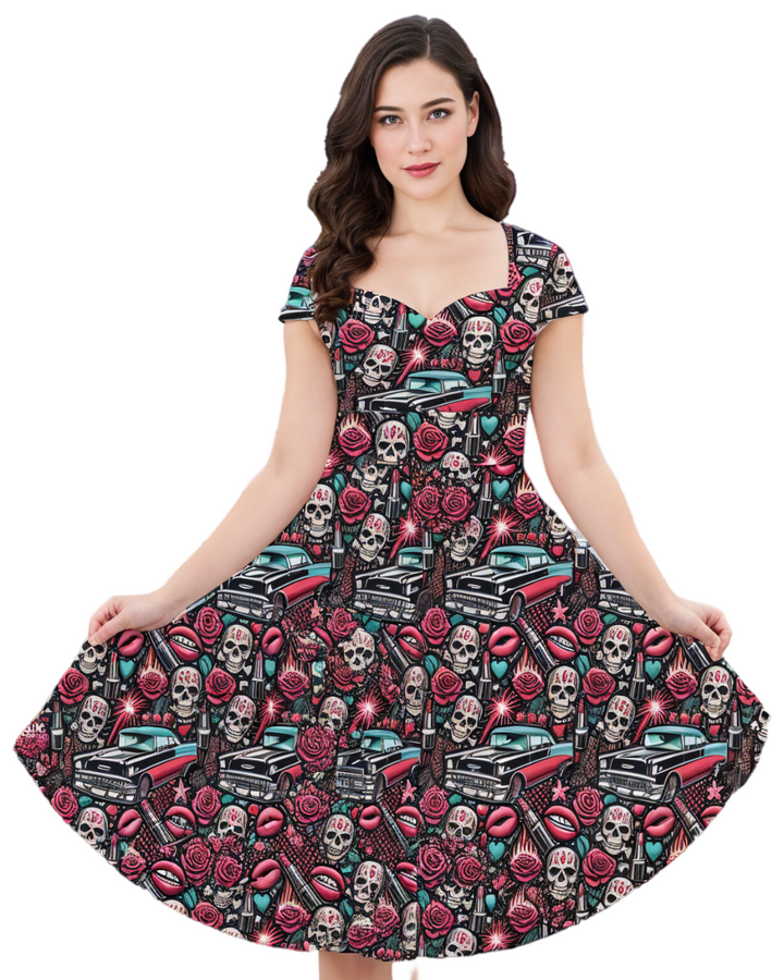 Rebel Rose Cap Sleeve Midi Dress With Pockets