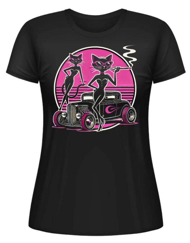 Women's black tee featuring stylish cats and a vintage hotrod design in bold pink and black colors.