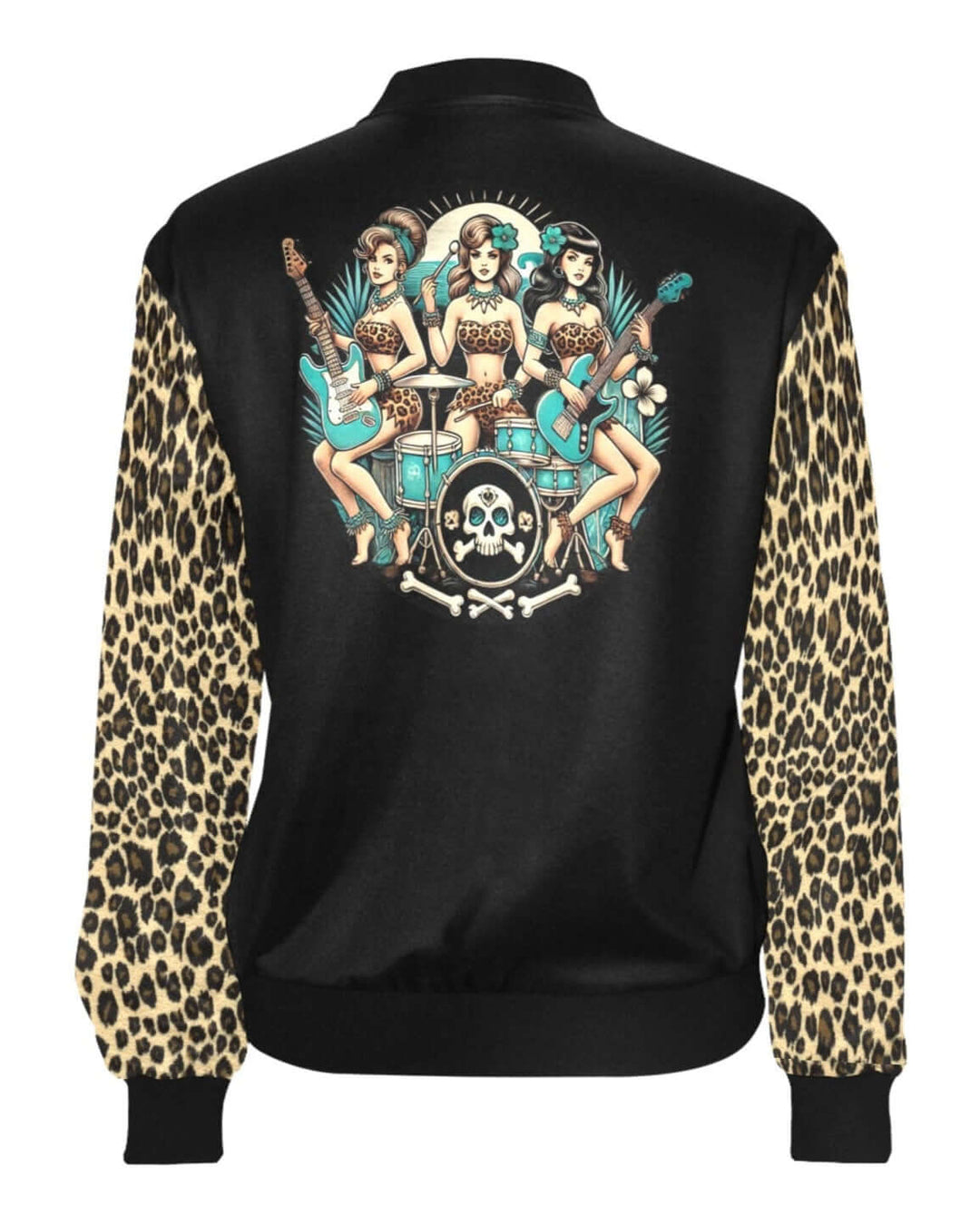 Bone Shaker Babes Women's Bomber Jacket featuring leopard sleeves and retro pin-up design on the back.