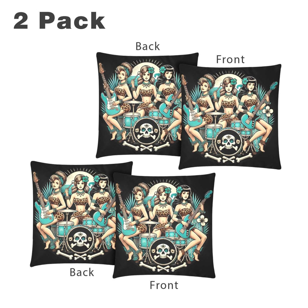 Bone Shaker Babes throw pillow covers set of 2, featuring vibrant all-girl band illustration on black background.