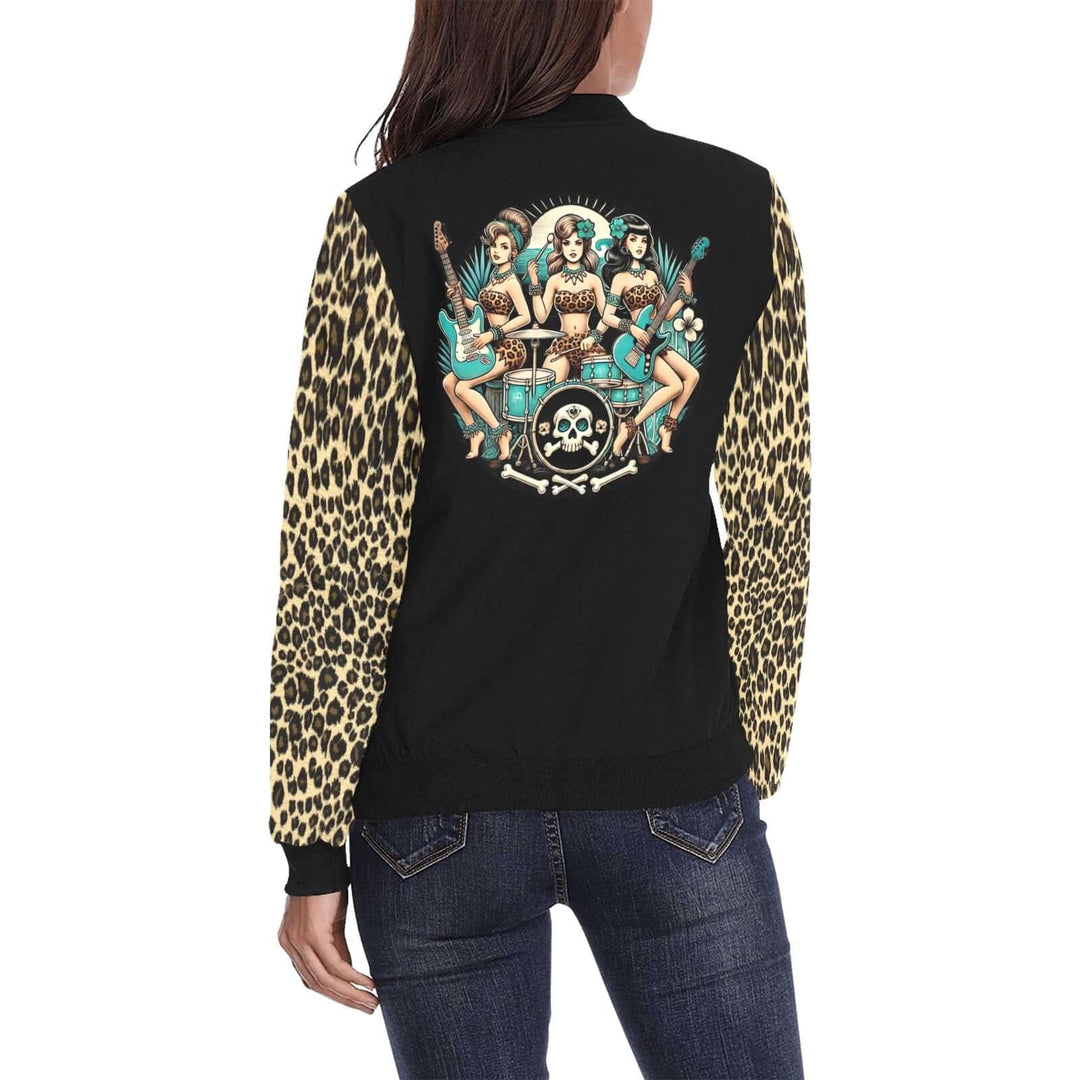 Bone Shaker Babes Women's Bomber Jacket featuring retro graphic design and leopard print sleeves, perfect for a stylish look.