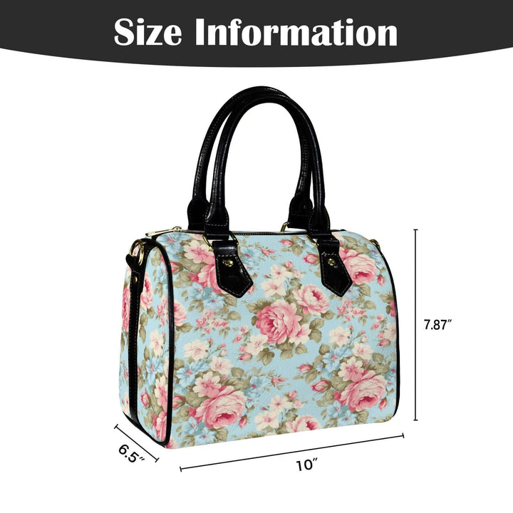 Vintage Roses Handbag size dimensions 10" length, 7.87" height, and 6.5" width on a blue floral background.