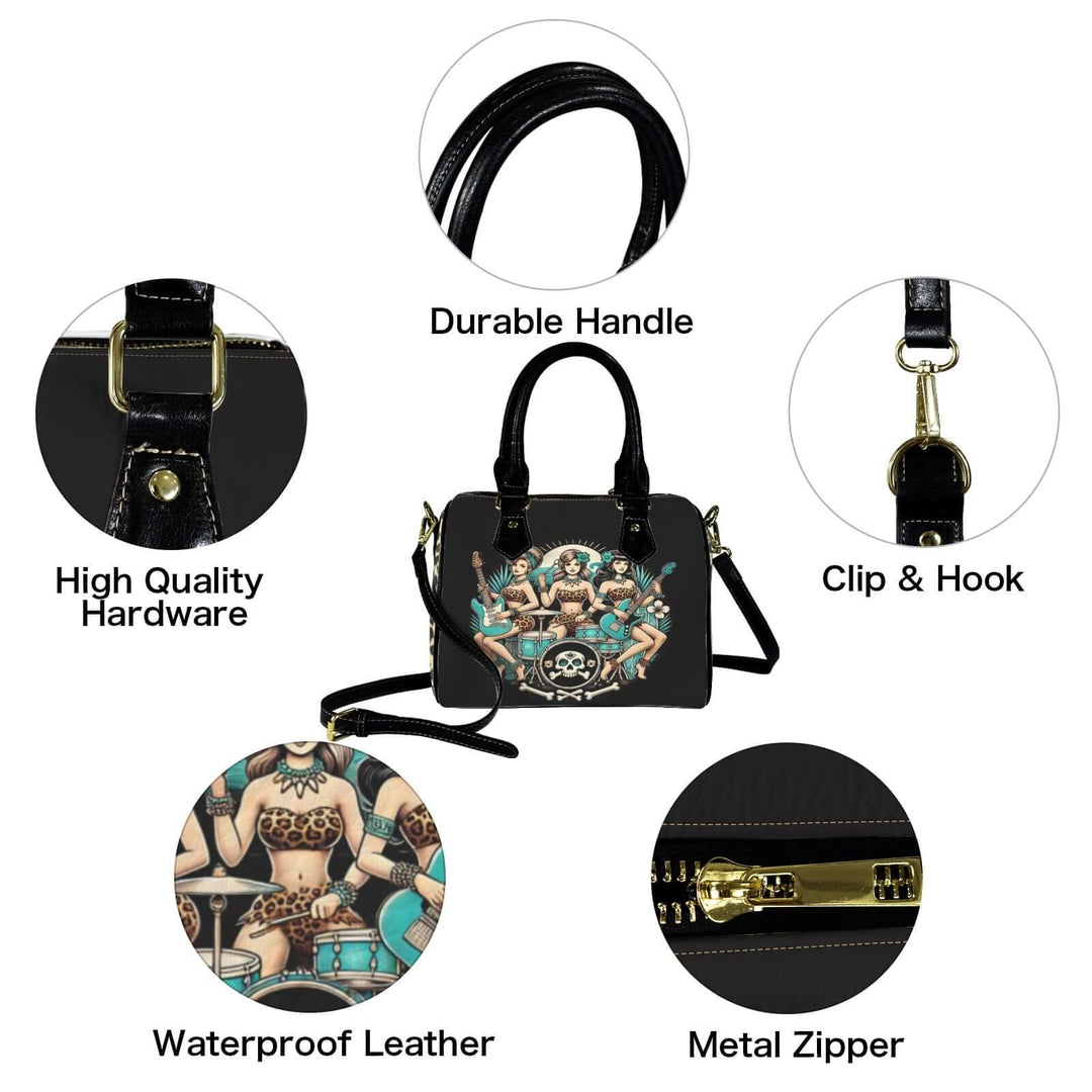 Features of Bone Shaker Babes handbag: durable handle, waterproof leather, high-quality hardware, metal zipper, clip & hook.