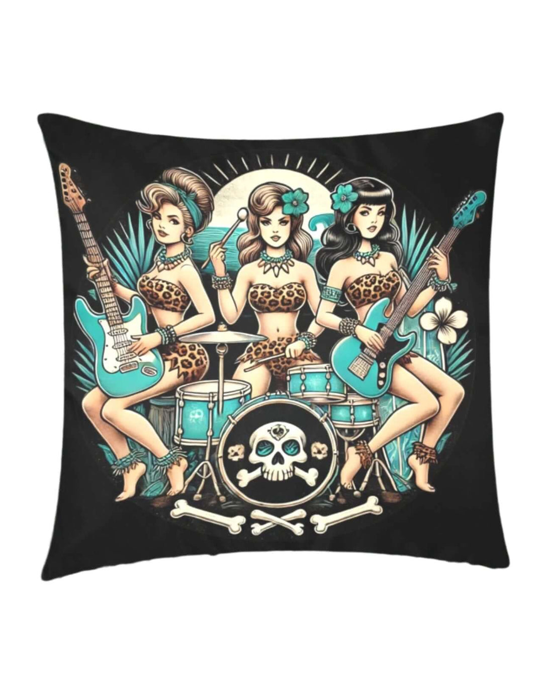 Bone Shaker Babes throw pillow cover featuring three retro-styled girls playing instruments with a vibrant design.