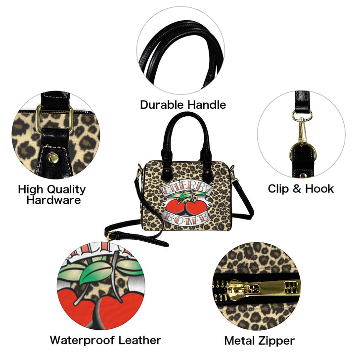 Cherry Bomb Handbag features durable handle, high-quality hardware, waterproof leather, clip & hook, and metal zipper in a chic leopard print design.