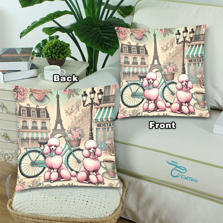 Poodle de Paris throw pillow covers featuring pink poodles and vintage Parisian backdrop, set of 2, front and back view.