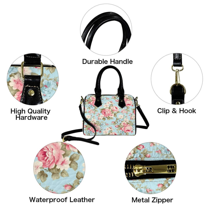 Vintage Roses Handbag with floral design, featuring durable handle, waterproof leather, metal zipper, and adjustable strap.