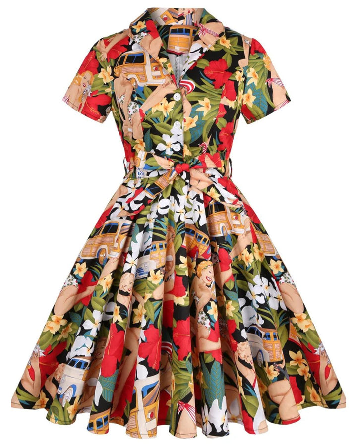 Colorful Tropical Pinups Vintage Swing Dress with floral print and A-line silhouette, perfect for summer occasions.