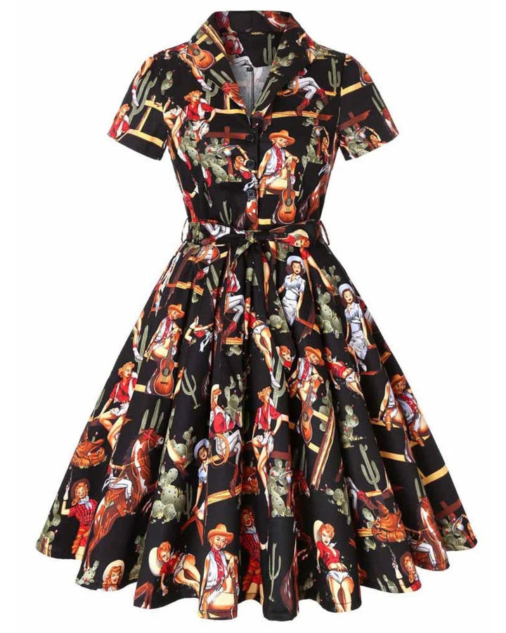 Black Western Cowgirl Vintage Swing Dress featuring a playful cowgirl print and a flattering A-line silhouette.