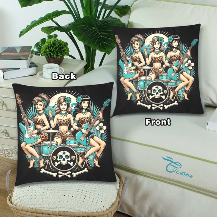 Bone Shaker Babes throw pillow covers featuring an all-girl band design, showcasing retro style on both sides. Set of 2.