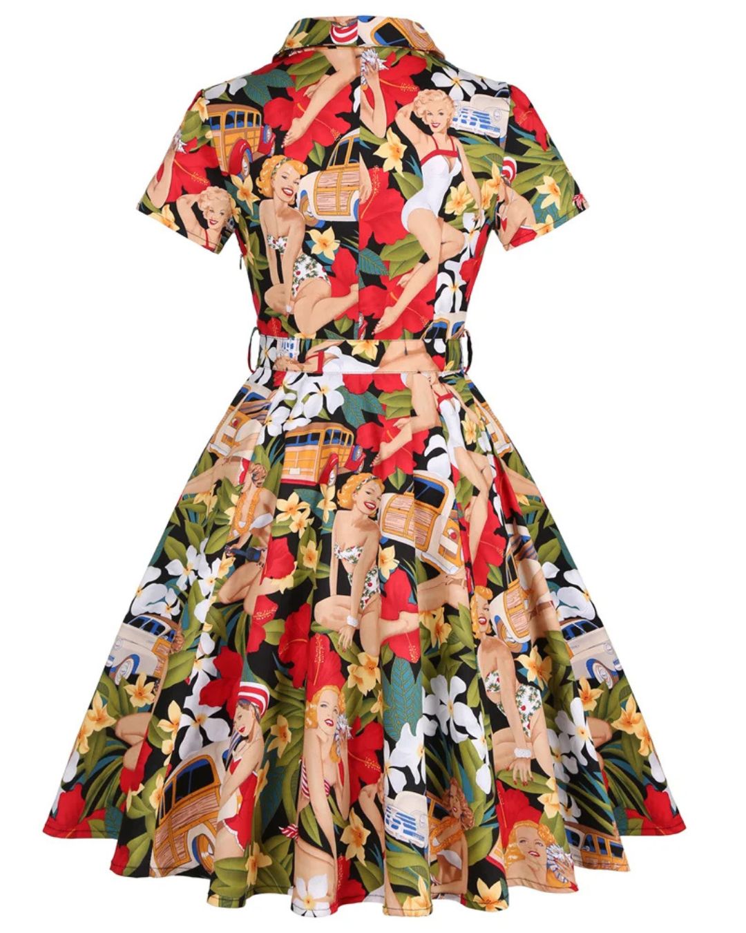 Tropical Pinups Vintage Swing Dress featuring a floral pattern and A-line silhouette, perfect for summer style and 50s glamour.