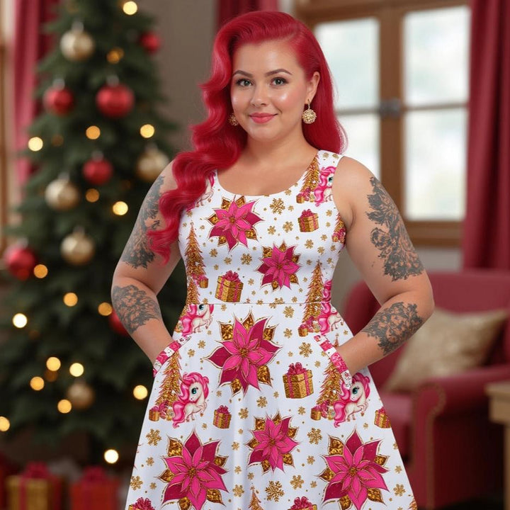 CHRISTMAS UNICORNS Knee Length Skater Dress With Pockets