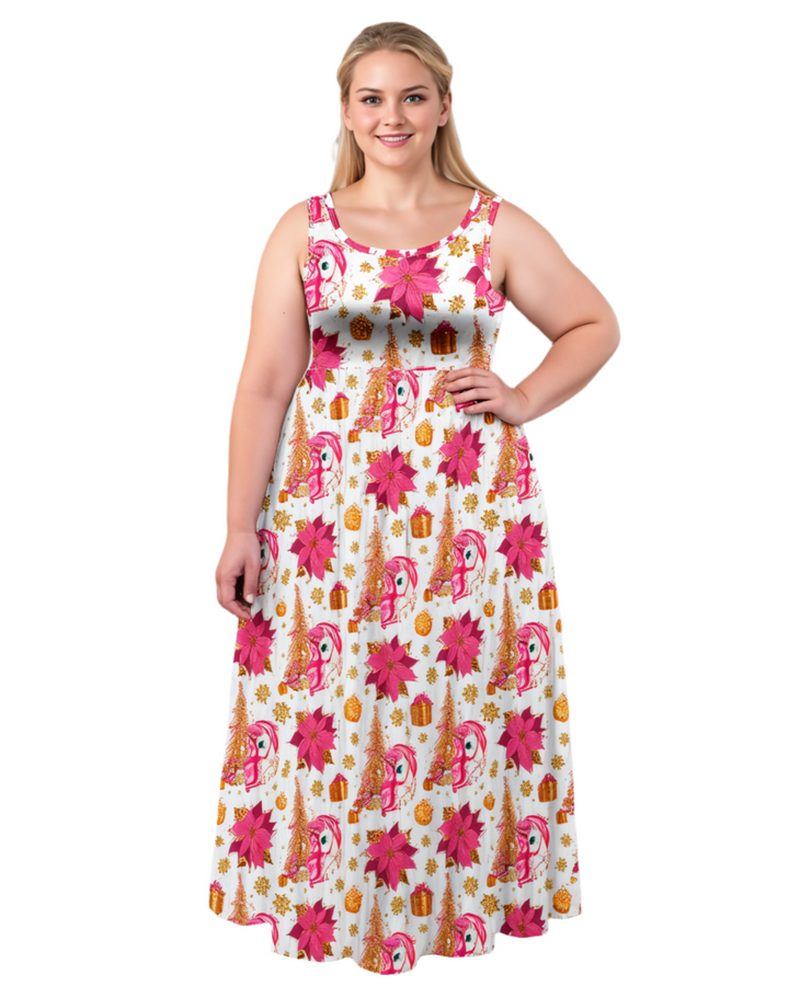 Woman wearing a Christmas Unicorn Maxi Dress with a playful print of unicorns and holiday decor on a white background.