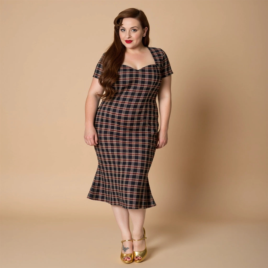 Model showcasing the Elvis Ain't Dead swing dress in plaid, featuring a cap-sleeve bodice and sweetheart neckline.