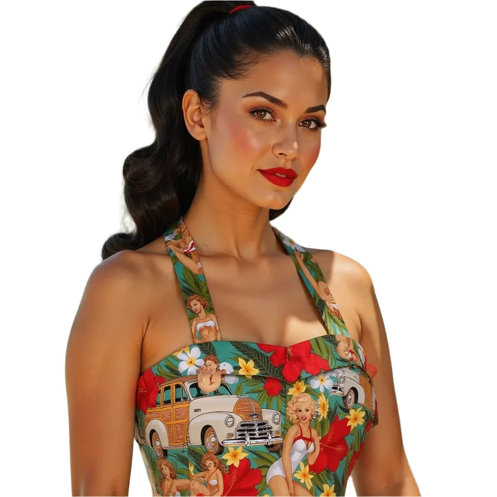 Tropical Pinups Halter Top featuring pinup girls and woody cars, perfect for summer and retro charm.