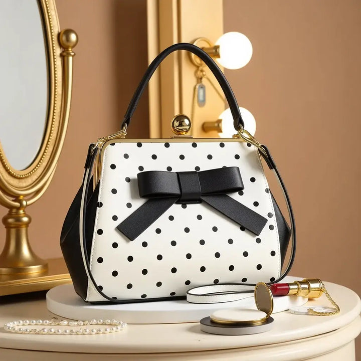 Black and white polka dot rockabilly handbag with bow, styled with vintage accessories and a mirror background.