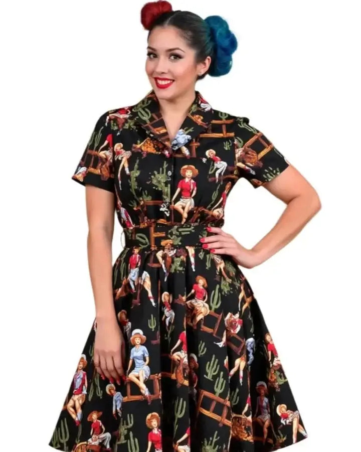 Black Western Cowgirl Swing Dress featuring vintage cowgirl print, perfect for retro and rodeo events.