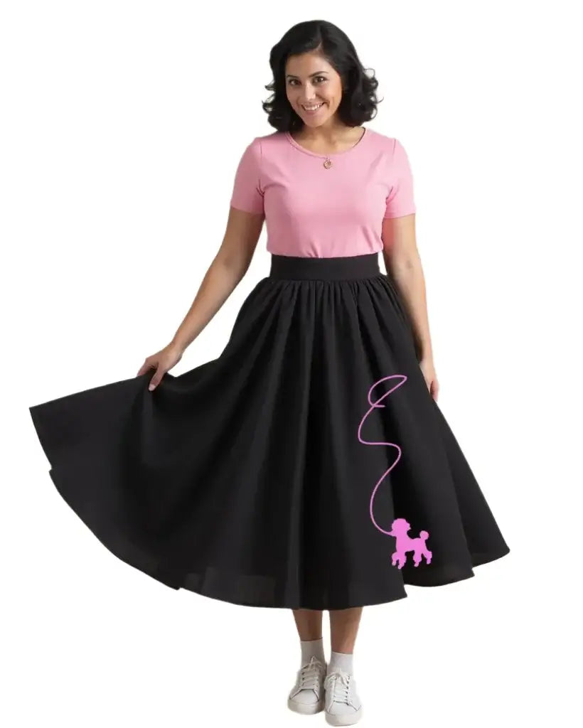 Woman wearing a Vintage Poodle Skirt with a pink poodle design, styled in 1950s rockabilly fashion.