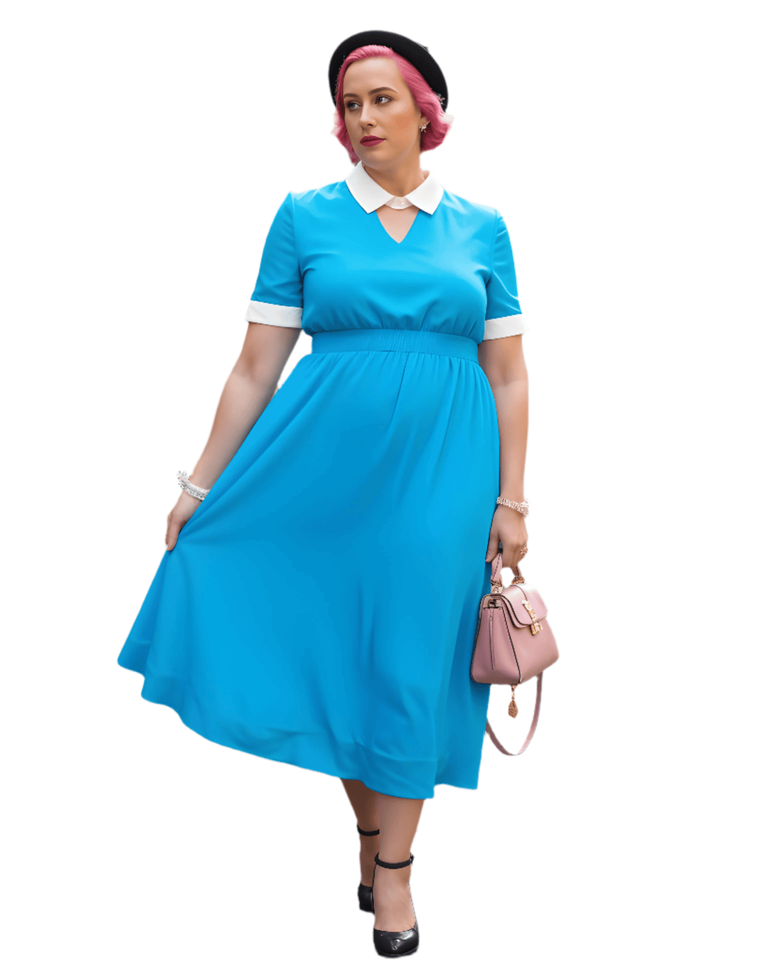 Sky blue vintage 1940s dress with keyhole neckline and white collar, styled for a chic look.