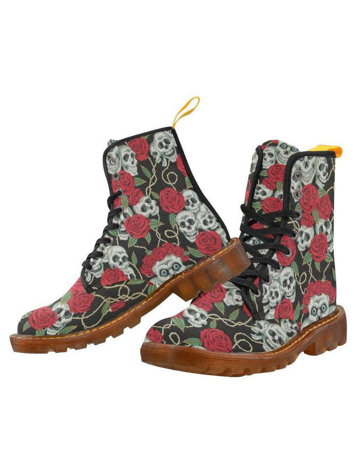 Rose Skulls Women's Lace Up Combat Boots - Poison Arrow Retro