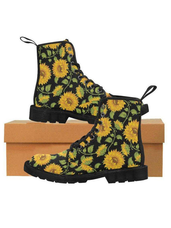 SUNFLOWERS BLACK Women's Lace Up Canvas Boots - Poison Arrow Retro