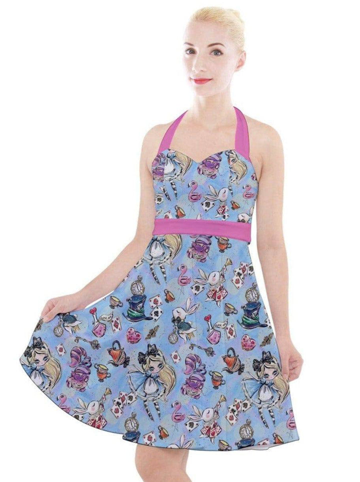 ALICE IN WONDERLAND HALTER PARTY SWING DRESS - Poison Arrow Retro