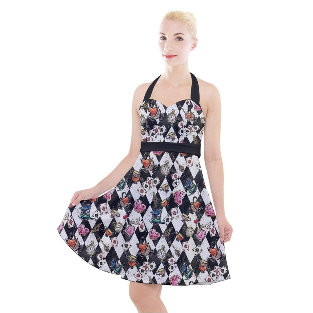 ALICE IN WONDERLAND HALTER PARTY SWING DRESS - Poison Arrow Retro