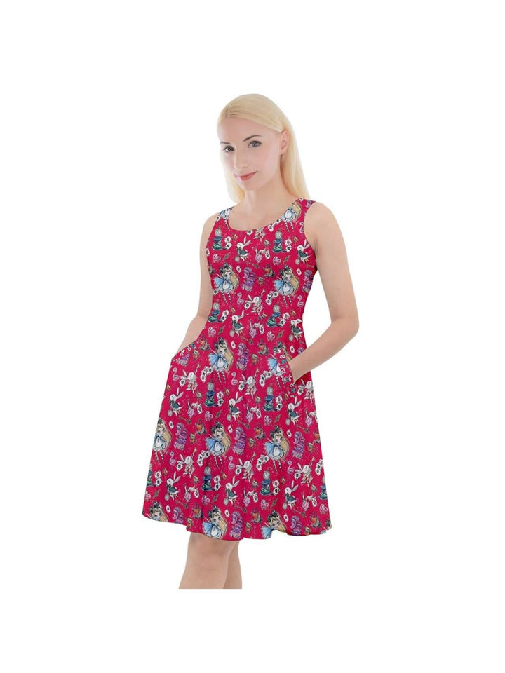 Alice in Wonderland Knee Length Skater Dress With Pockets - Poison Arrow Retro