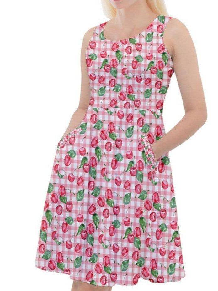 CHERRY GINGHAM Knee Length Skater Dress With Pockets - Poison Arrow Retro