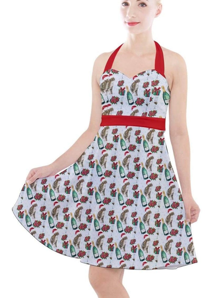 Christmas Cats Halter Party Swing Dress - Poison Arrow Retro