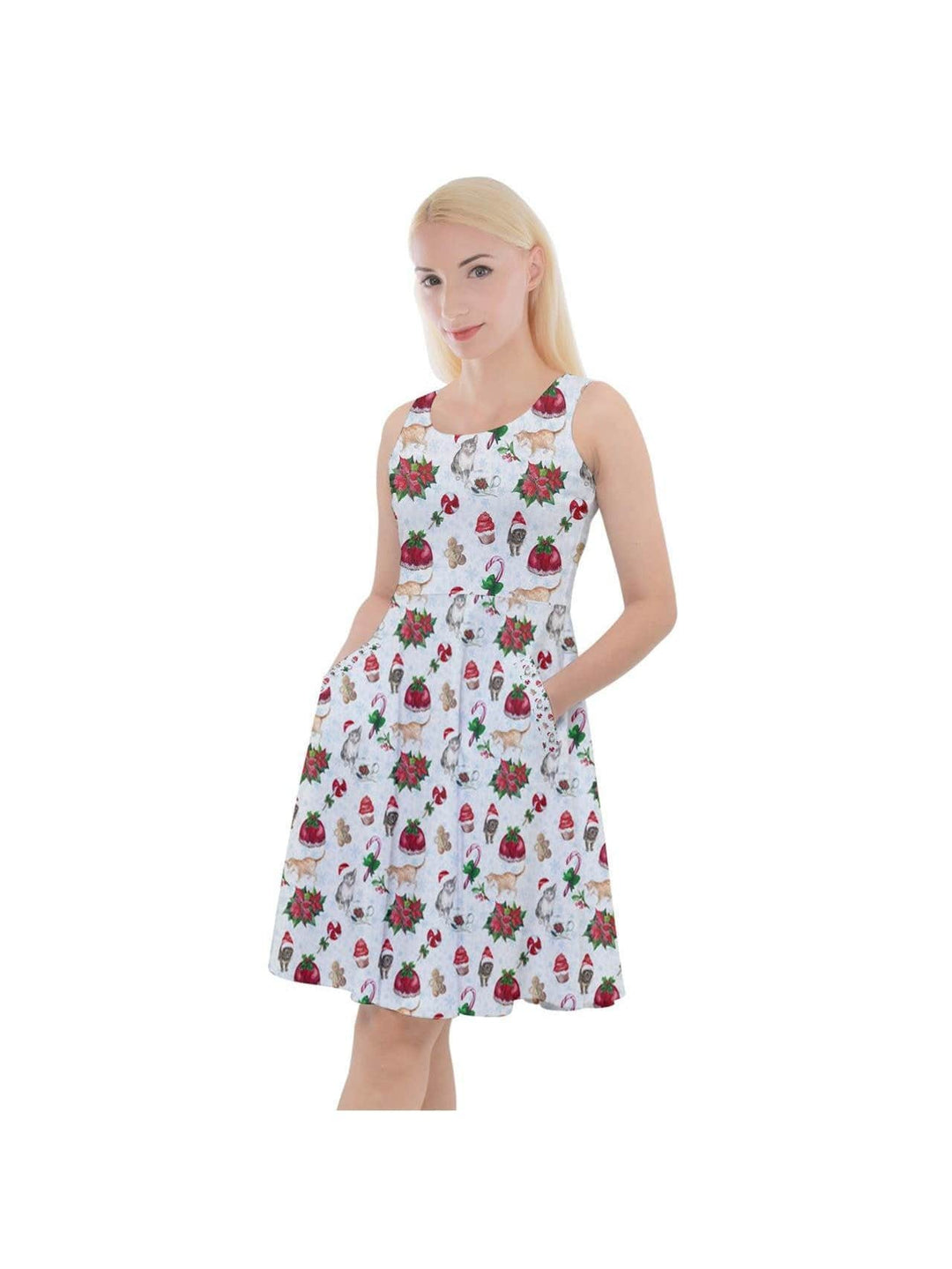 Christmas Cats Knee Length Skater Dress With Pockets - Poison Arrow Retro