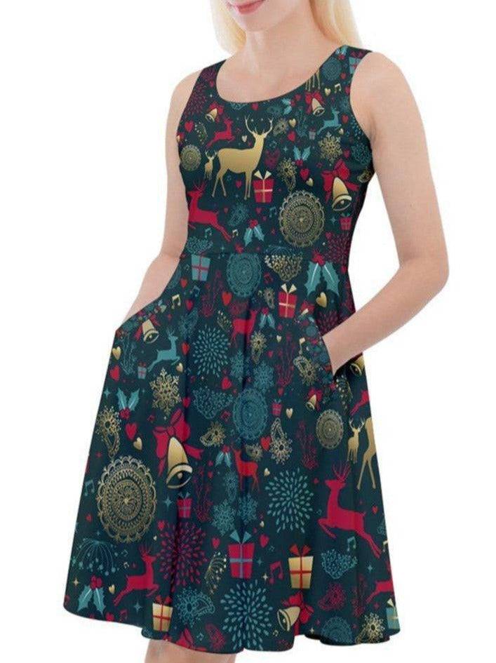 Christmas reindeer skater dress with pockets, festive print, knee-length style, soft stretch fabric, flattering fit.