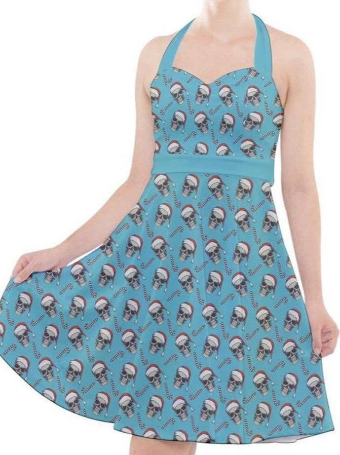 CHRISTMAS SKULLS HALTER PARTY SWING DRESS XS-3XL - Poison Arrow Retro