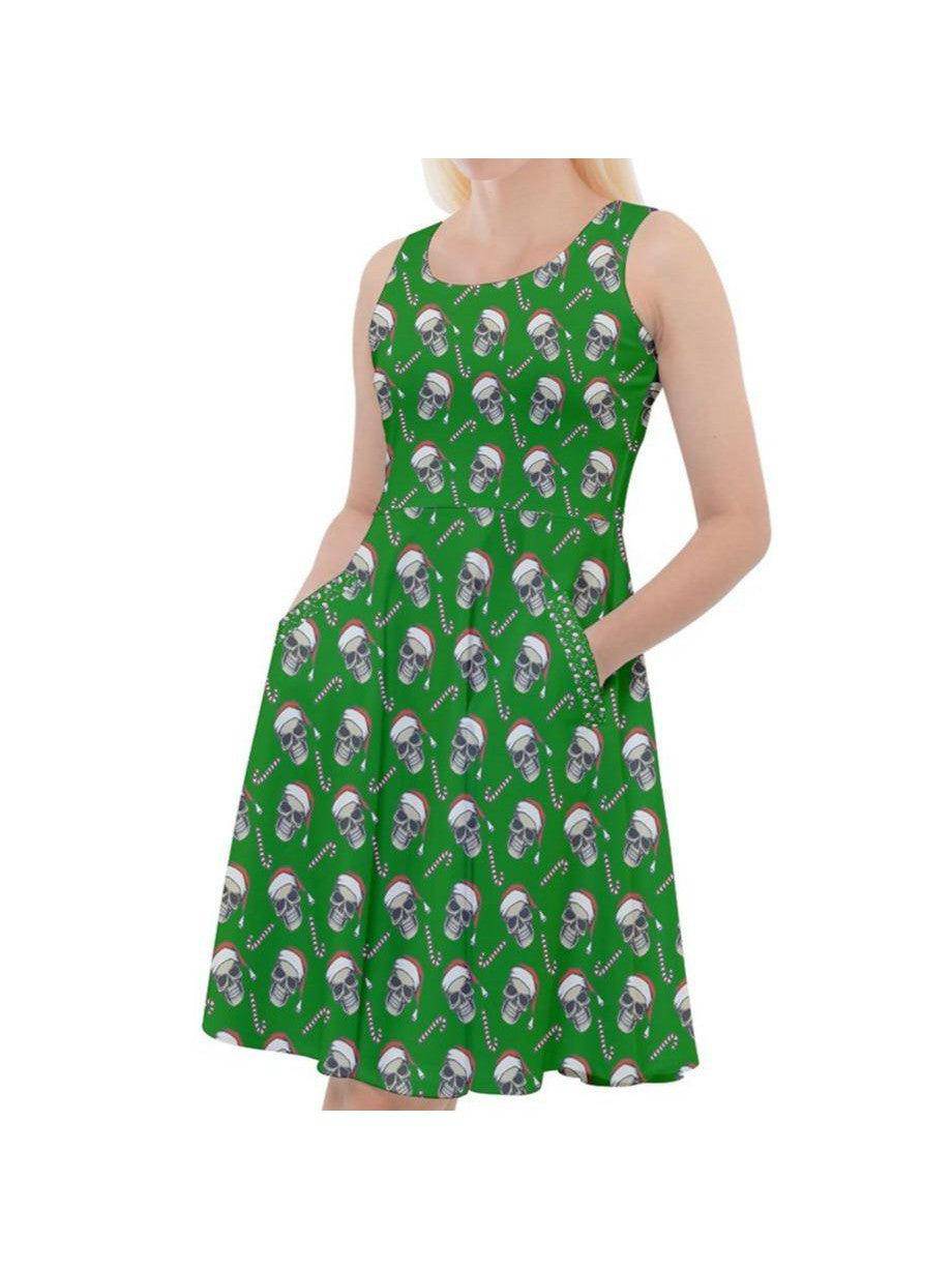 CHRISTMAS SKULLS KNEE LENGTH SKATER CHRISTMAS DRESS WITH POCKETS - Poison Arrow Retro