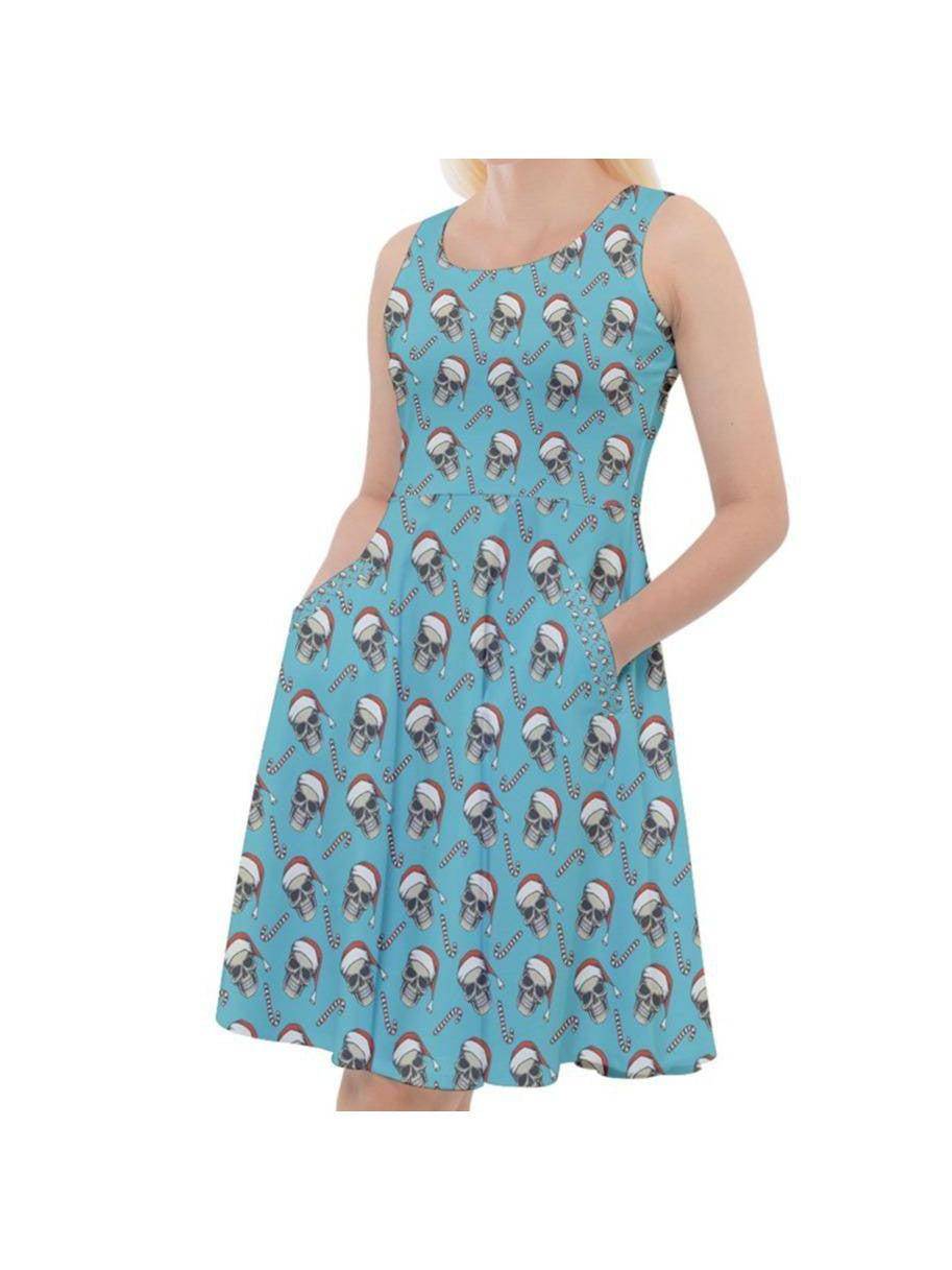 CHRISTMAS SKULLS KNEE LENGTH SKATER CHRISTMAS DRESS WITH POCKETS - Poison Arrow Retro