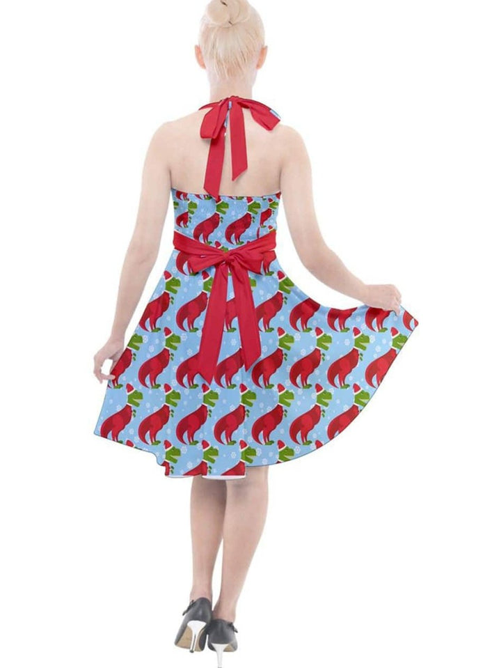 Christmas T-Rex Dinosaur Halter Party Swing Dress - Poison Arrow Retro