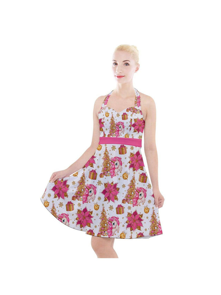 Christmas Unicorns Halter Swing Dress