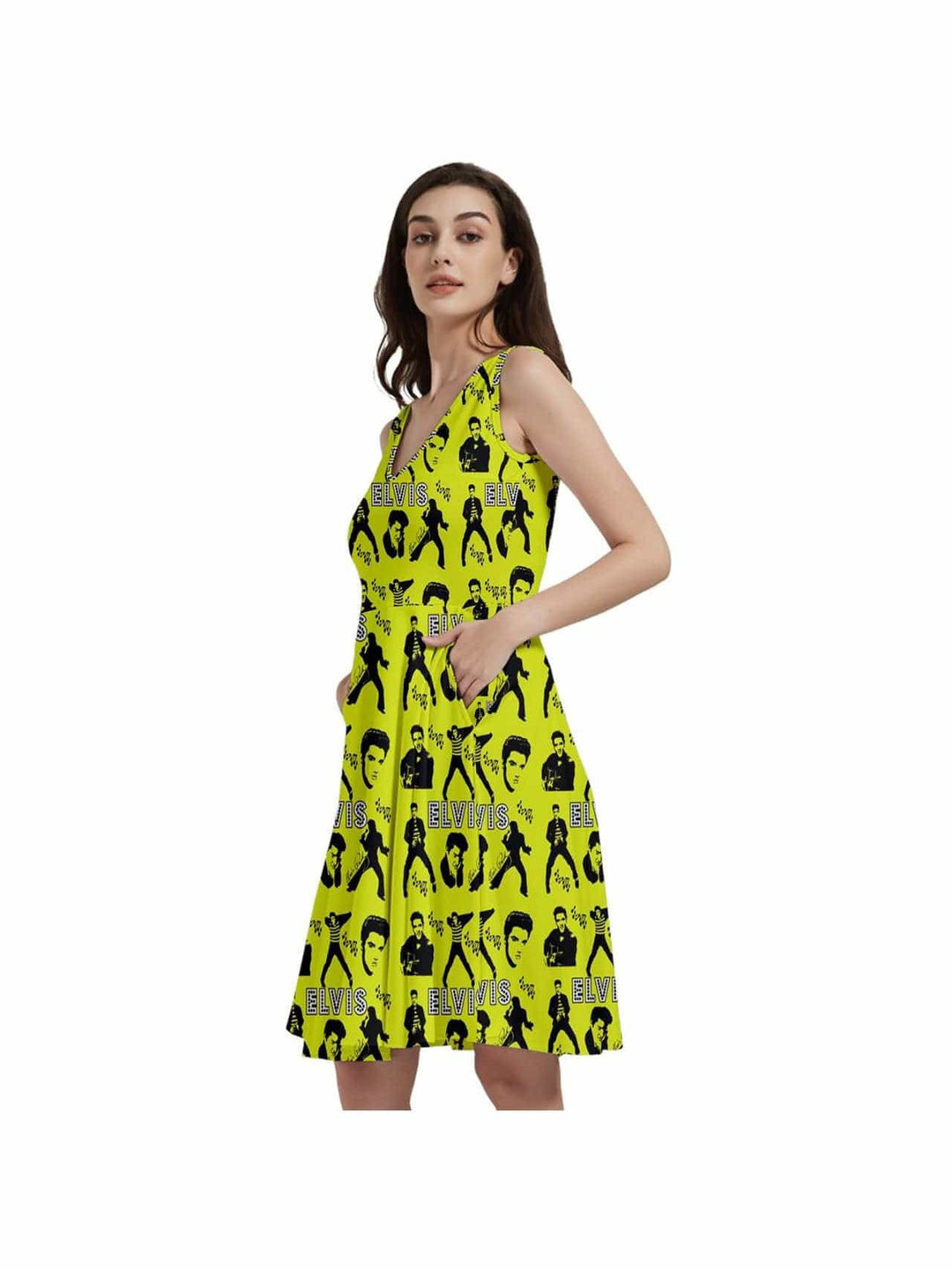 Elvis Jailhouse Rock Sleeveless V-Neck Skater Dress with Pockets