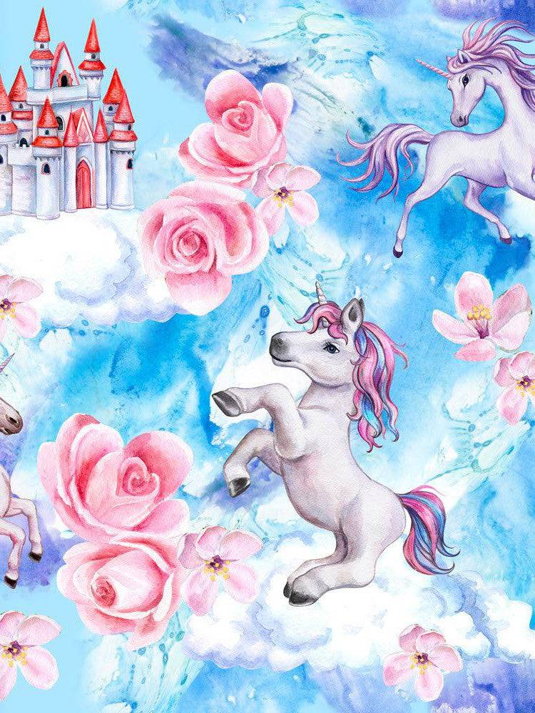 Whimsical illustration of unicorns, roses, and a castle on a watercolor background, perfect for fantasy-themed fashion.