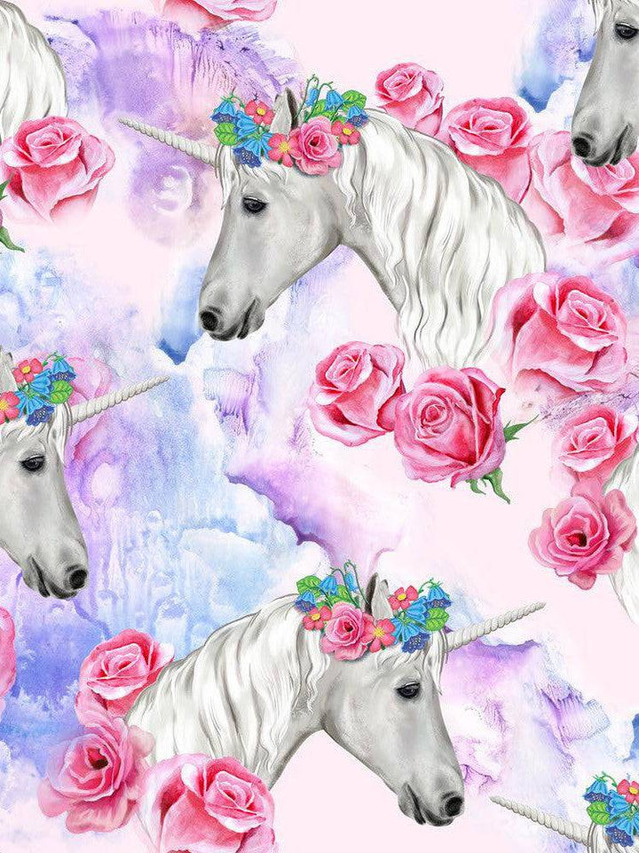 Fantasy unicorns with floral crowns on a watercolor background featuring roses and soft pastel colors.