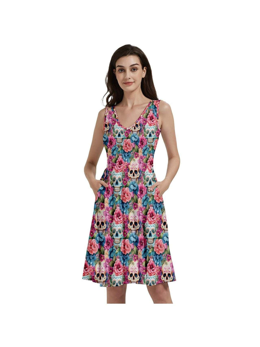 Floral Sugar Skulls Sleeveless V-Neck Skater Dress with Pockets