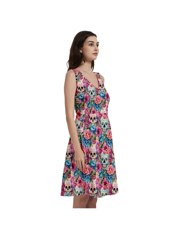 Floral Sugar Skulls Sleeveless V-Neck Skater Dress with Pockets - Poison Arrow Retro