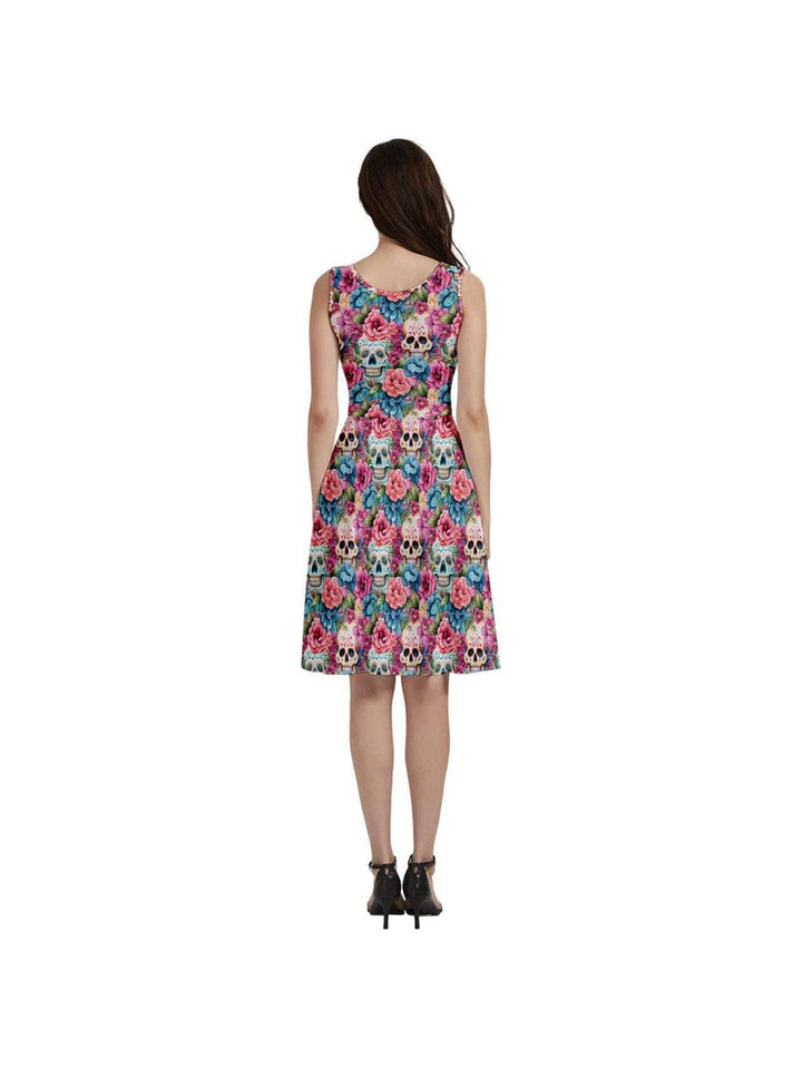 Floral Sugar Skulls Sleeveless V-Neck Skater Dress with Pockets - Poison Arrow Retro