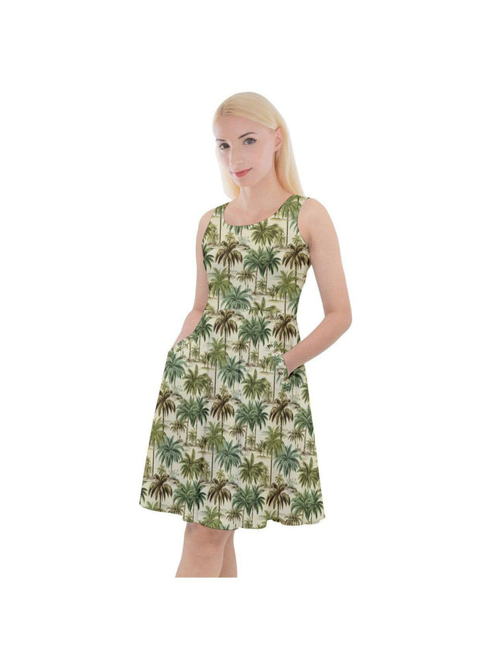 Palm Haven Knee Length Skater Dress With Pockets - Poison Arrow Retro