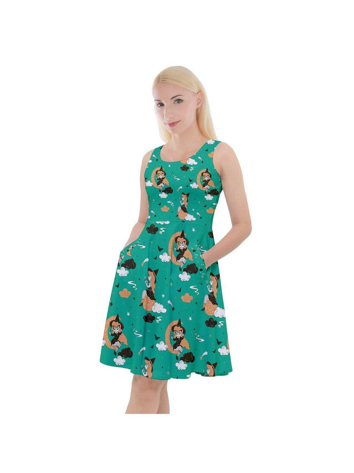 Pin Up Witch Green knee-length skater dress with pockets, featuring a playful print and flattering fit.