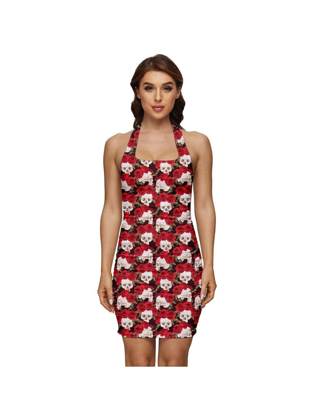 Red Roses and Skulls Ruched Halter Dress - Poison Arrow Retro