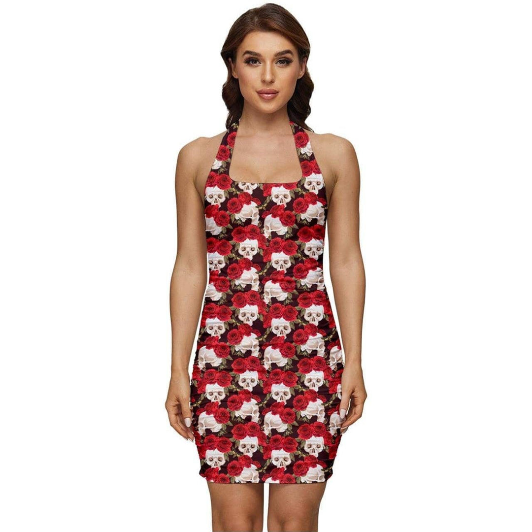 Red Roses and Skulls Ruched Halter Dress - Poison Arrow Retro