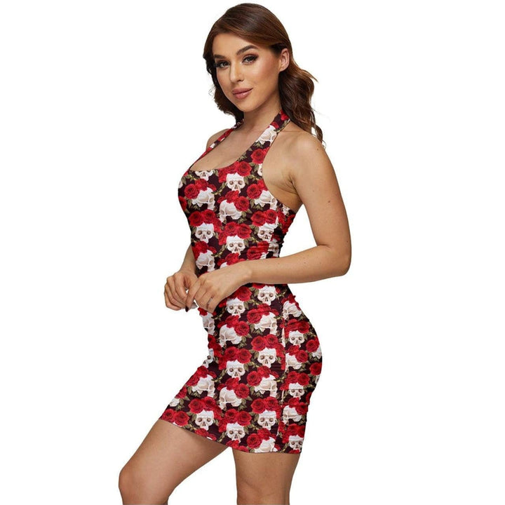 Red Roses and Skulls Ruched Halter Dress - Poison Arrow Retro