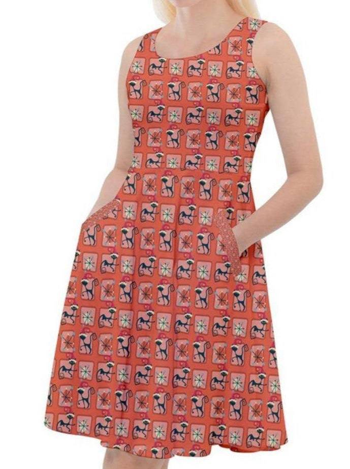 Retro Orange Christmas Cats Skater Dress with Pockets