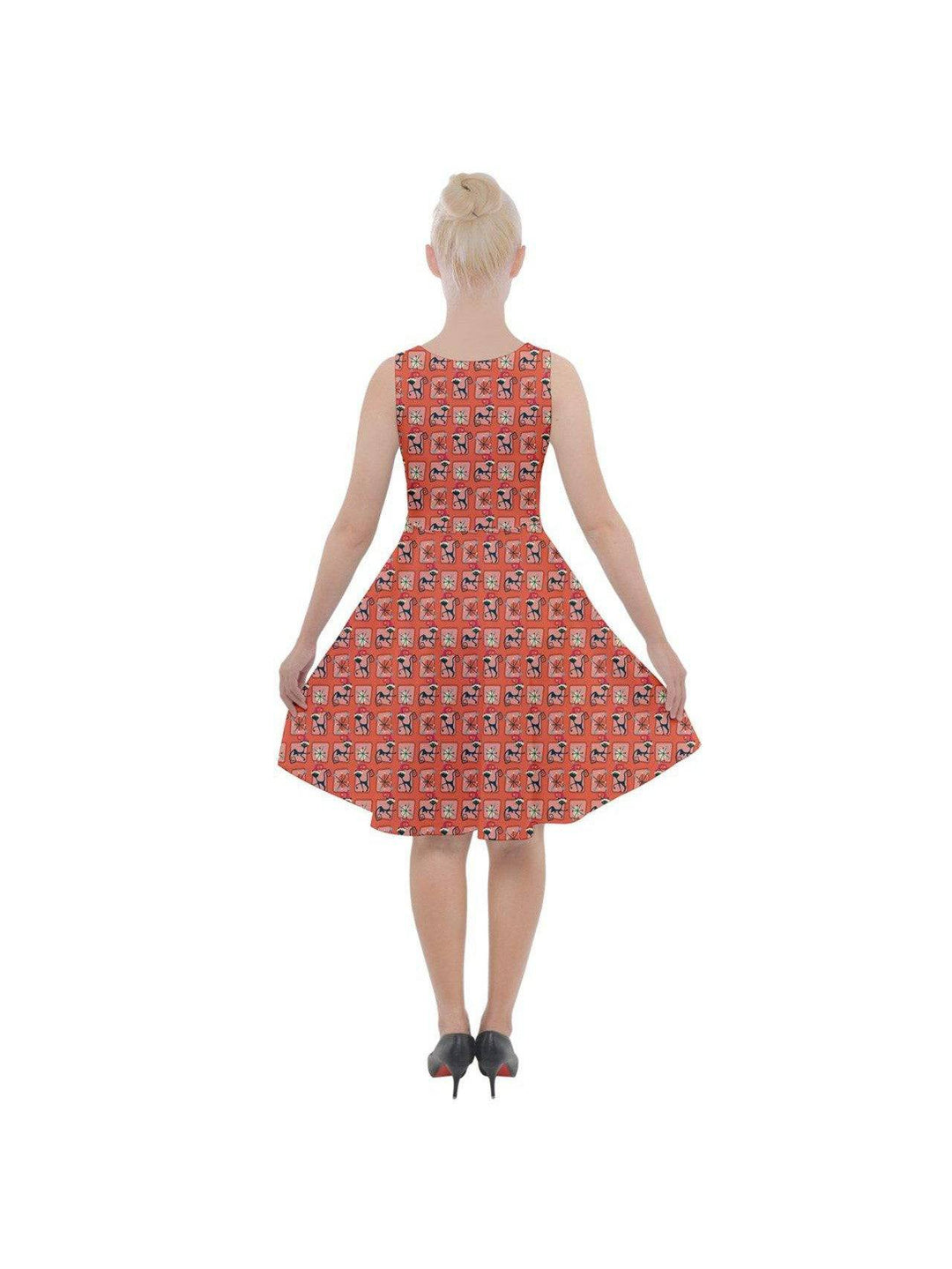 Retro Orange Christmas Cats Skater Dress with Pockets - Poison Arrow Retro